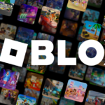 A picture of Roblox gaming logo with a variety of Roblox games in the background