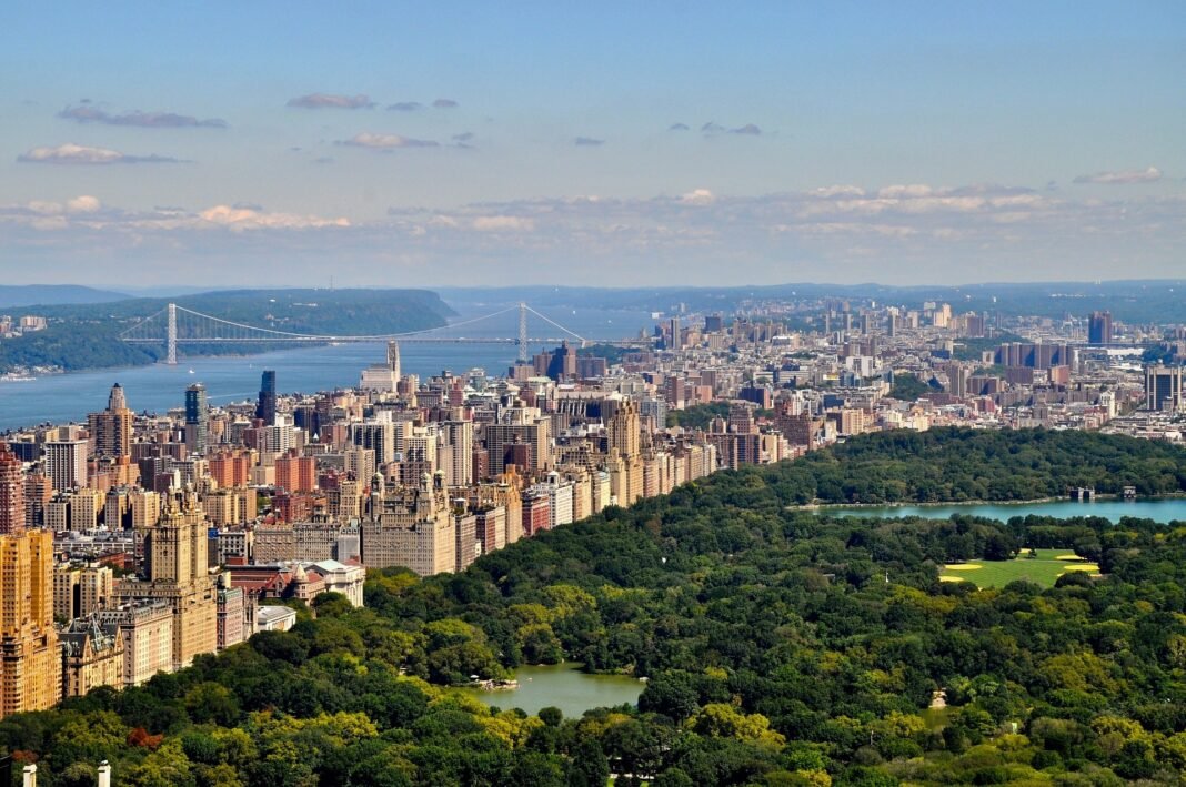 photo of New York City's Central park in the day time from a side view, blue skies, green grass