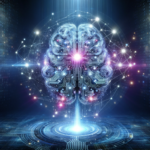 A futuristic, abstract representation of AI. The image features a large, glowing brain made of interconnected circuits and wires