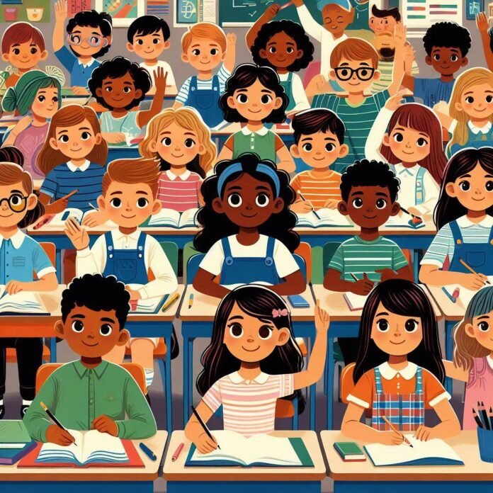 A group of young students in a classroom