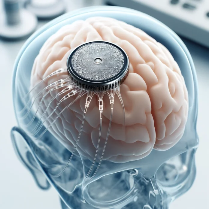 A detailed image of a Neuralink device. The Neuralink consists of a small, coin-sized chip implanted in the skull with thin, flexible electrode thread
