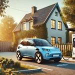 A modern electric vehicle (EV) is parked and charging at an EV charging station in a residential neighborhood. The scene is set during sunset, with warm light illuminating a cozy house in the background, surrounded by greenery and trees. Another car is parked near the house, creating a serene and eco-friendly atmosphere