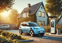 Is America Missing Out on the EV Boom? A modern electric vehicle (EV) is parked and charging at an EV charging station in a residential neighborhood. The scene is set during sunset, with warm light illuminating a cozy house in the background, surrounded by greenery and trees. Another car is parked near the house, creating a serene and eco-friendly atmosphere