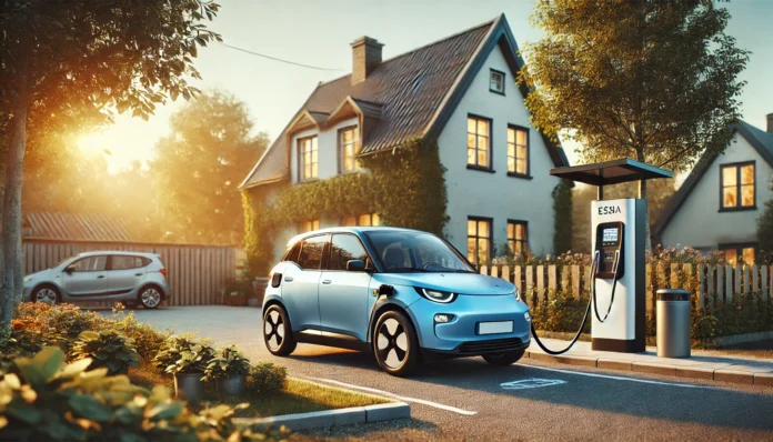 A modern electric vehicle (EV) is parked and charging at an EV charging station in a residential neighborhood. The scene is set during sunset, with warm light illuminating a cozy house in the background, surrounded by greenery and trees. Another car is parked near the house, creating a serene and eco-friendly atmosphere