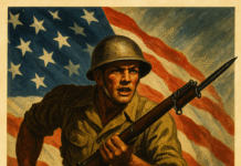 The Hidden Propaganda Machine in the U.S.—And Why Most Americans Deny It A vintage World War II-era American propaganda poster featuring a determined soldier in uniform holding a rifle, charging forward with an intense expression. Behind him, a large American flag waves dramatically. The bold text at the bottom reads “FIGHT FOR FREEDOM” in capital letters, emphasizing patriotism and a call to support the war effort. The poster is designed in strong, high-contrast colors typical of mid-20th-century propaganda art.