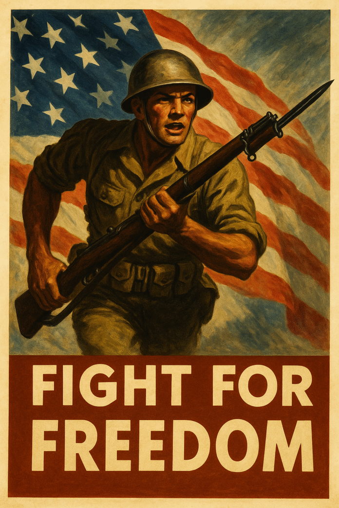 Vintage American War Propaganda Poster – “Fight for Freedom” A vintage World War II-era American propaganda poster featuring a determined soldier in uniform holding a rifle, charging forward with an intense expression. Behind him, a large American flag waves dramatically. The bold text at the bottom reads “FIGHT FOR FREEDOM” in capital letters, emphasizing patriotism and a call to support the war effort. The poster is designed in strong, high-contrast colors typical of mid-20th-century propaganda art.