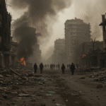 A devastated urban street lined with heavily damaged buildings, rubble scattered across the ground. Thick black smoke rises from fires burning in the ruins, while silhouetted figures of civilians walk through the destruction, evoking a scene of war and human suffering. The sky is dark and filled with ash, emphasizing the chaos and despair of the environment.