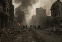 The Truth About U.S. Foreign Policy: Democracy, Power, and Global Instability A devastated urban street lined with heavily damaged buildings, rubble scattered across the ground. Thick black smoke rises from fires burning in the ruins, while silhouetted figures of civilians walk through the destruction, evoking a scene of war and human suffering. The sky is dark and filled with ash, emphasizing the chaos and despair of the environment.