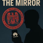 Poster titled Spying in the Mirror showing the NSA seal beside the silhouette of a person holding a Huawei phone. The image highlights U.S. surveillance hypocrisy, with text reading: ‘How Washington spies at home while pointing fingers abroad.’