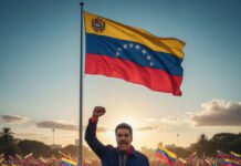 Deadly Waters: Why America’s Venezuela Operations Are Losing Public and Legal Support Nicolás Maduro, President of Venezuela, stands on a podium with his right fist raised, addressing a massive crowd of supporters under a gigantic Venezuelan flag at sunset.