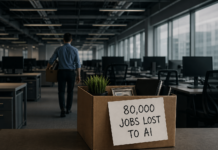 80,000 people lost their jobs to pay for AI A nearly empty modern office with rows of unused desks and monitors. In the foreground, a cardboard box with personal items sits on a desk, labeled “80,000 jobs lost to AI,” while a lone employee walks away in the background, suggesting recent layoffs and workforce reduction.